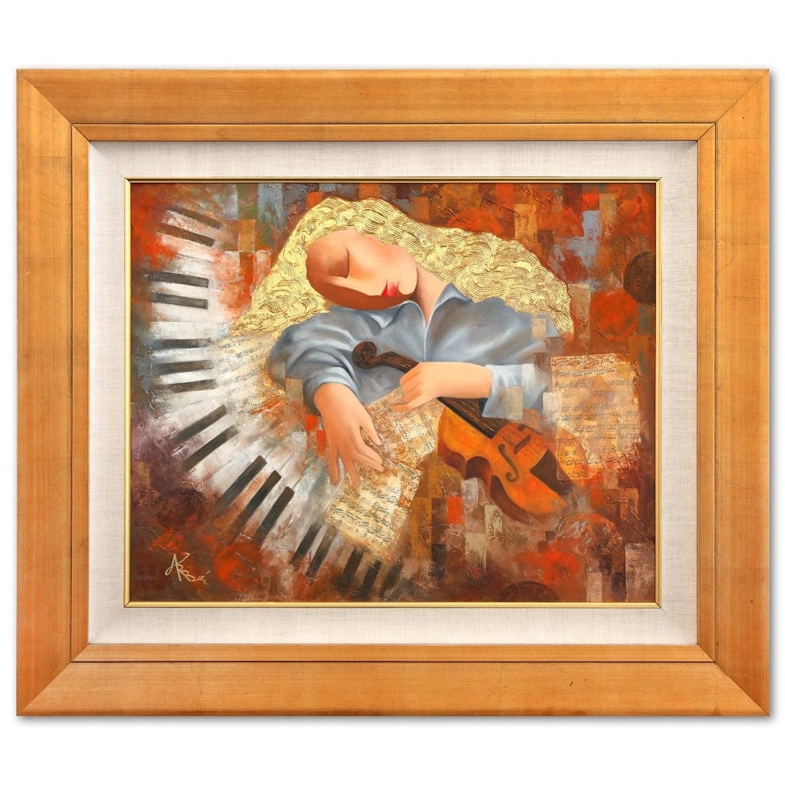 Arbe (Ara Berberyan) "An Afternoon with Mozart" Original Painting 36"x42": Offered is an original painting titled "An Afternoon with Mozart" by Arbe, aka Ara Berberyan (Armenian, b. 1958–), hand signed, and presented framed. The composition is music-themed and decorative-f