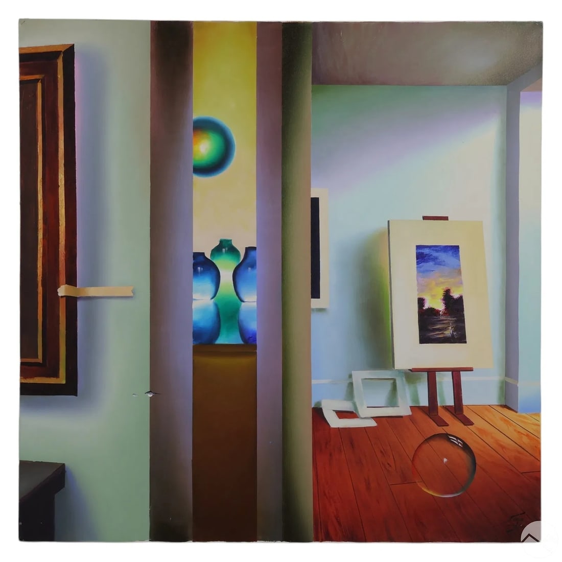 Ferjo (Fernando de Jesus Oliveira) "Studio with Glass Jars" Oil on Canvas 40"x40": Offered is an original oil painting on canvas by Ferjo, Fernando de Jesus Oliveira, (Brazilian, b. 1946–), titled "Studio with Glass Jars." The scene is a signature Ferjo interior: reflective vessel