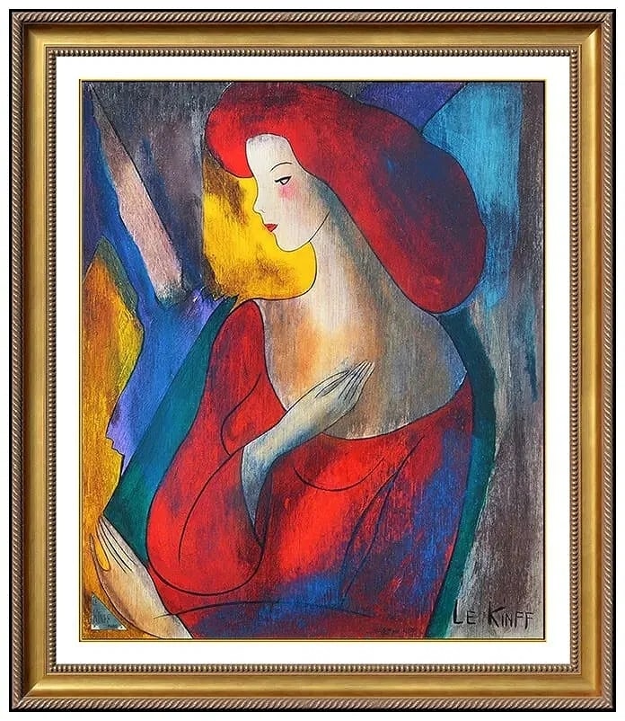 Linda Le Kinff "Dimanche Ensoleille (Sunday)" Original Oil on Board COA 38"x33": Linda Le Kinff - "Dimanche Ensoleille (Sunday)" - Original Oil Painting on Board - 2004 - Signed - Gallery COA - 26" x 21" (art) - 38" x 33" (framed) Presented is an original oil painting on board by