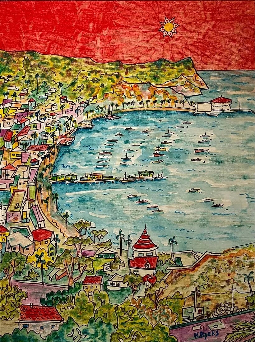 Kimm Byers "The Best Of Catalina" Original Acrylic on Canvas 29"x23": Kimm Byers - "The Best Of Catalina" - Original Acrylic on Canvas - Signed - 24" x 18" (art) - 29" x 23" (framed) This whimsical, color-saturated original acrylic on canvas by Kimm Byers titled "The Be