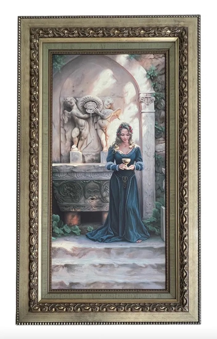 Arian "Invitation to Rapture" 1999 Oil-Embell. Canvas Giclée LE 11/175 Signed COA Framed 51" x: "Invitation to Rapture" (1999) by Arian (Mark Missman Arian) is a romantic, classically inspired courtyard scene featuring a serene female figure holding a golden chalice before sculptural