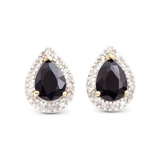 2.87 Ct Diamond Black Sapphire Sterling Silver (925) Earrings: Designer-style earrings crafted in marked 925 sterling silver with 18K yellow gold plating, featuring dramatic black sapphires and diamond accents. Details: Total Gem Weight: 2.87 ctw Sapphires: 2