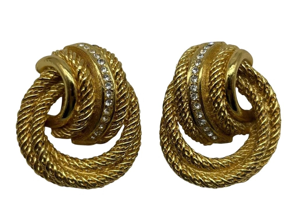 Vtg Dior Rope Clip-On Earrings Rhinestones: Vintage Christian Dior Gold-Tone Interlocking Rope Clip-On Earrings w/ Rhinestones Elegant vintage Christian Dior gold-tone clip-on earrings featuring an interlocking twisted-rope design. Each