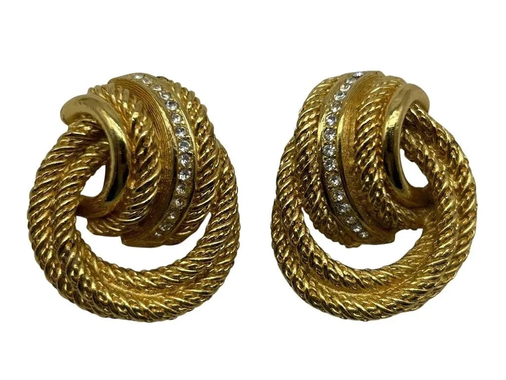 Christian Dior Vintage Gold-Tone Clip-On Earrings Rhinestone Band: Vintage Christian Dior Gold-Tone Rope Clip-On Earrings, Rhinestone Band Offered is a vintage signed Christian Dior pair of gold-tone clip-on earrings featuring interlocking twisted rope loops, each