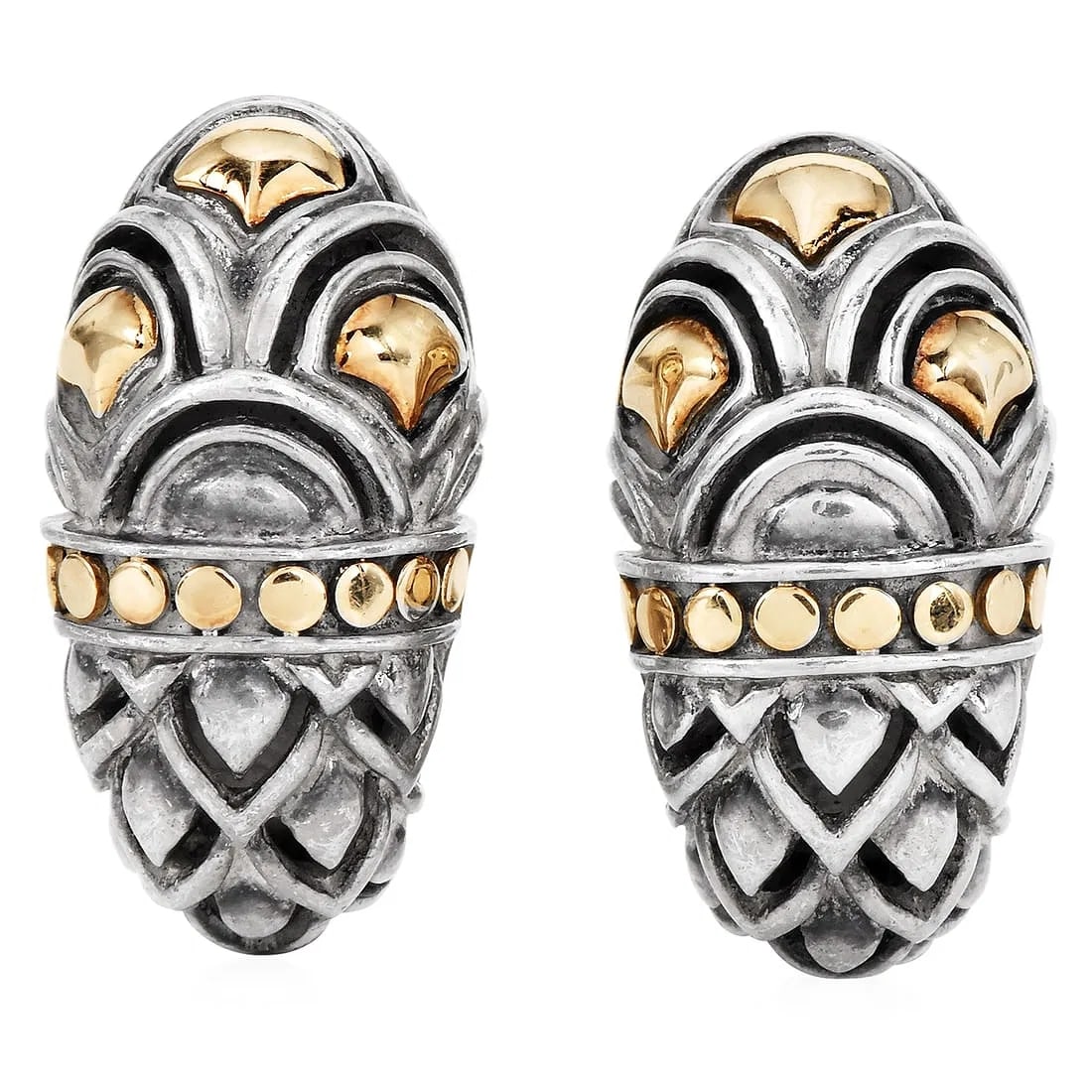 John Hardy Sterling Silver & 18K Gold Accents Naga "Shrimp" Earrings, 7.3g: John Hardy Sterling Silver & 18K Gold Naga "Shrimp" Earrings, 7.3g Offered is a pair of John Hardy earrings from the Naga collection, crafted in sterling silver with 18K yellow gold accents. The