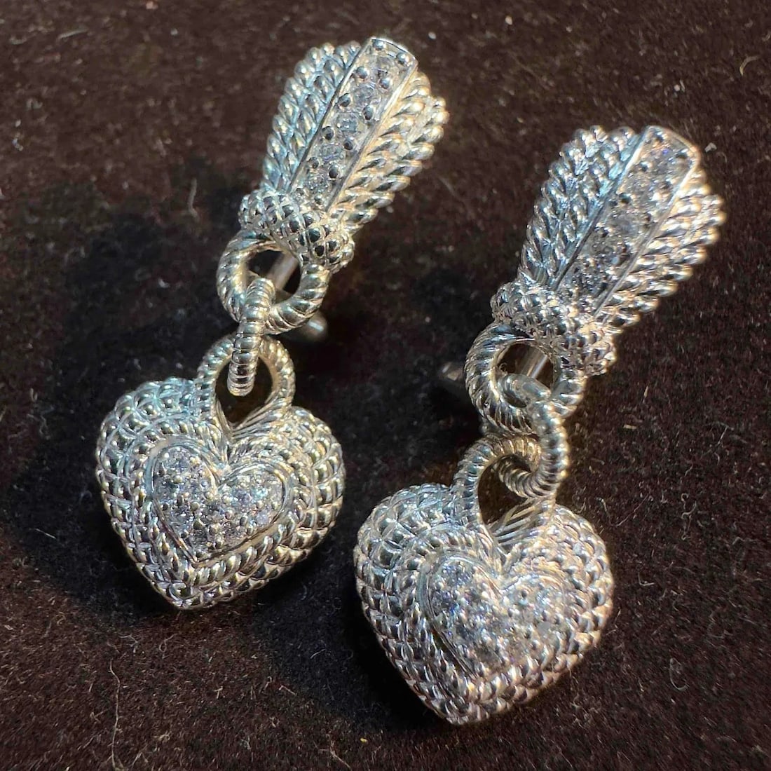 Judith Ripka Sterling Silver CZ Heart Dangle Earrings, 925, 9g (1 of 5)