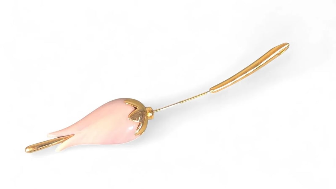 Givenchy Gold-Tone w/ Pink Enamel Flower Bud Stick Pin 4.5 in: Elegant Givenchy stick pin crafted in gold-tone metal with pink enamel, designed as a delicate flower bud. A refined accent for lapels, scarves, hats, or a minimalist vintage jewelry look. Comes with