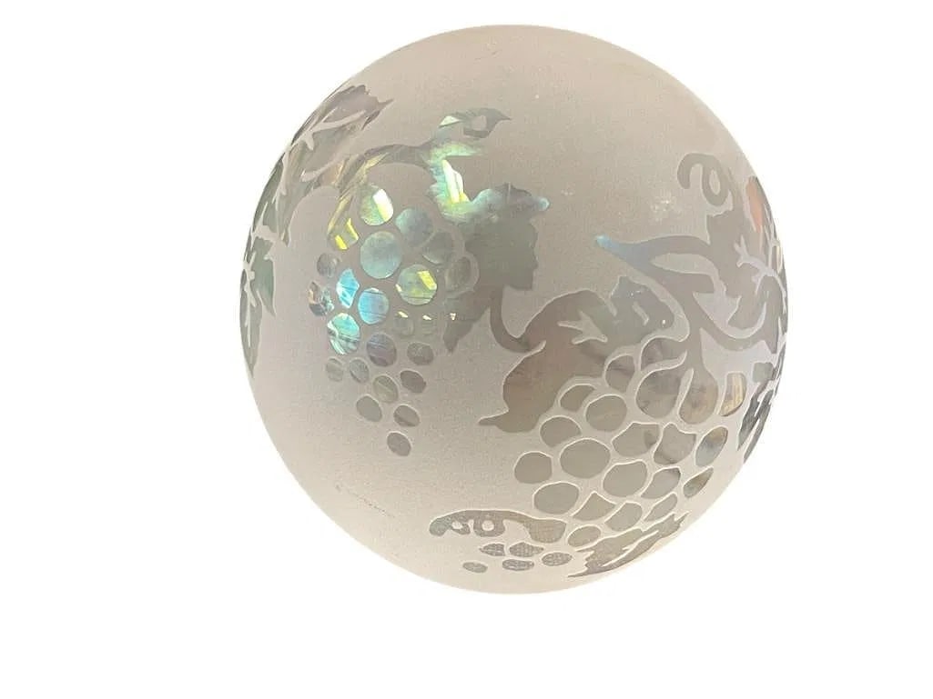 Arthur Court Designs (1993) Grapevine Iridescent Art Glass Paperweight 2 7/8": Offered is a 1993 Arthur Court Designs hand-blown art glass paperweight featuring an etched grapevine motif with iridescent detailing. The frosted spherical form is decorated with delicately carved gr