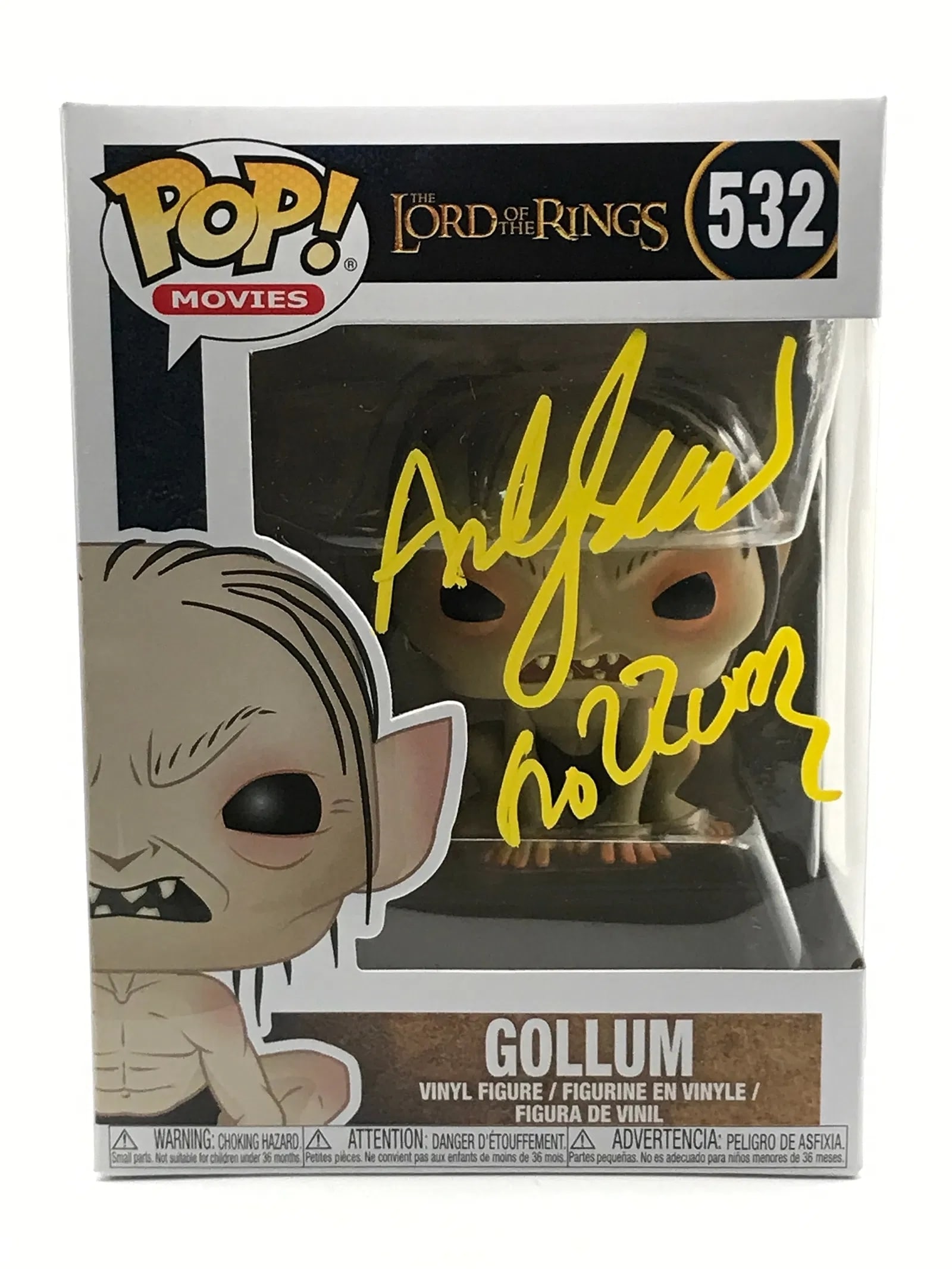 Andy Serkis Signed Funko Pop! "The Lord of the Rings: Gollum" #532 WWOC COA: Signed Funko Pop! Movies - The Lord of the Rings: Gollum (#532), autographed by Andy Serkis on the front window. A standout LOTR character piece, very displayable with the bold signature placement. Ac