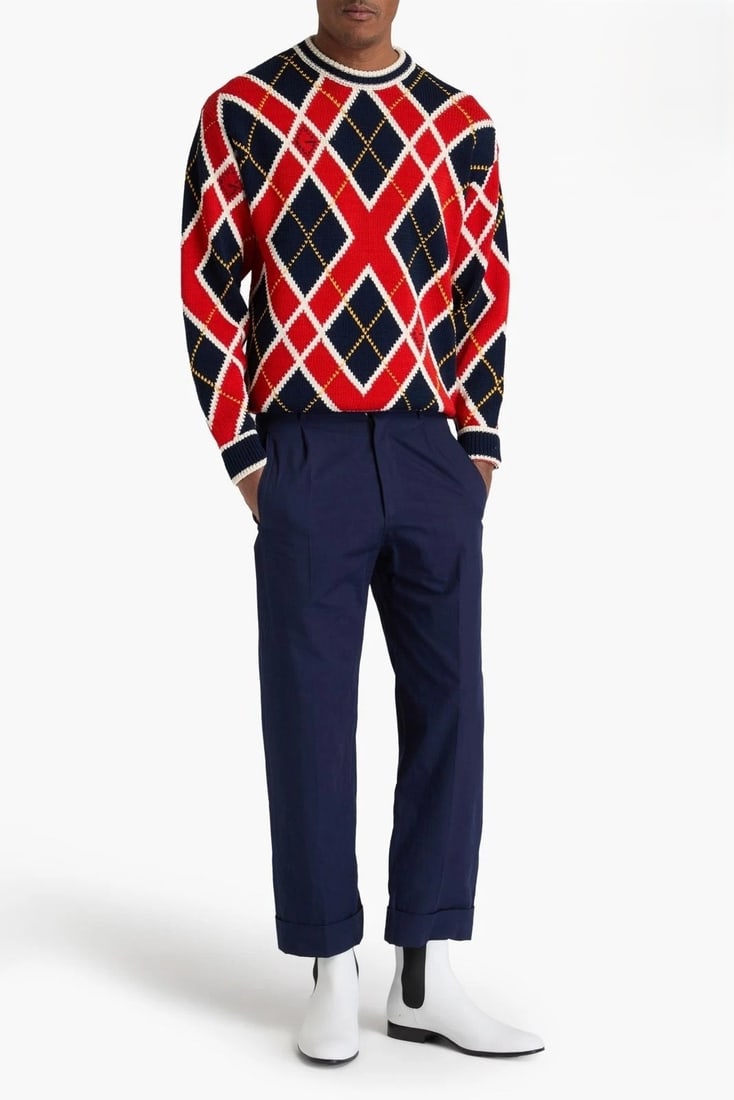 Gucci Cropped Trousers US 34 XS Blue Italy NWT: New with tags Gucci men's cropped trousers in dark blue garment-dyed cotton with embroidered/logo accents and pleated front. Zip closure and pockets. Made in Italy. Highlights: IT44 (US34) / Universal