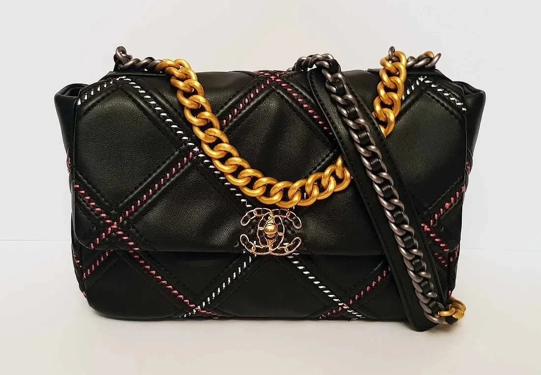 CHANEL 19 Small Flap Black Whipstitch Bag COA: CHANEL 19 Flap Bag Black Whipstitch Mixed-Metal Chain Burgundy Lining w/ Certificate of Authenticity (COA) CHANEL 19 Flap Bag in Black featuring oversized quilted leather with striking contrast stitch