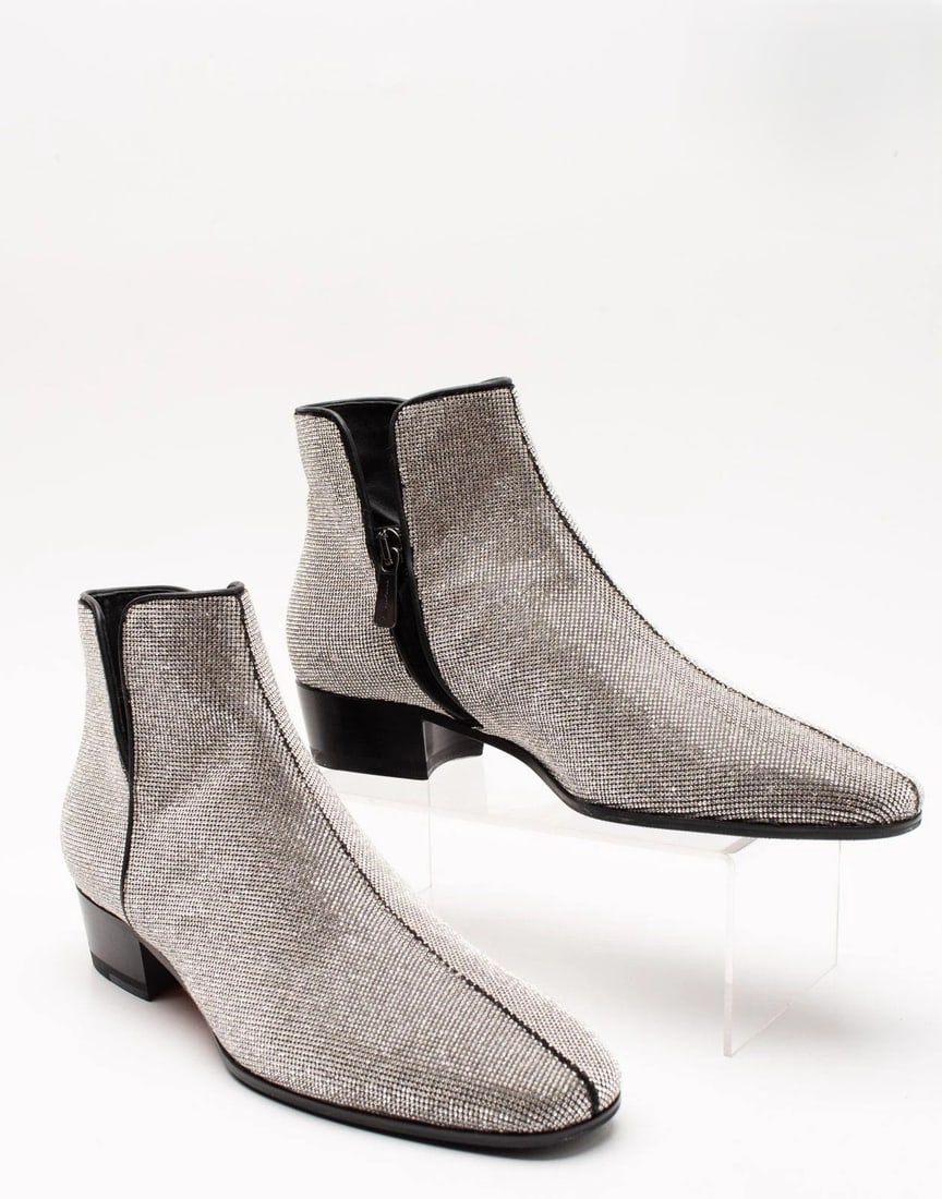 Santoni Women's Leather Ankle Boots w/ Two-Tone Silver/Black Finish & Rhinestone Accents US 7 NIB: Offered here is a stunning pair of SANTONI women's ankle boots crafted in leather with a glamorous two-tone silver/black finish and rhinestone accents. Designed in an elegant bootie silhouette with a