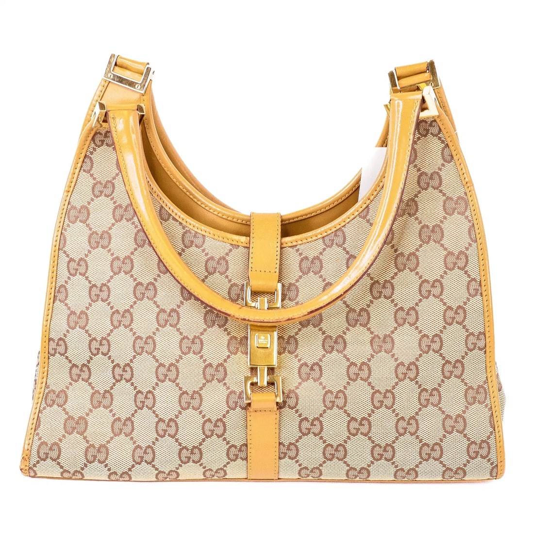 Gucci Jackie Shoulder Bag w/ GG Monogram Canvas w/ Tan Leather Trim & Gold-Tone Piston Lock Closure (1 of 7)