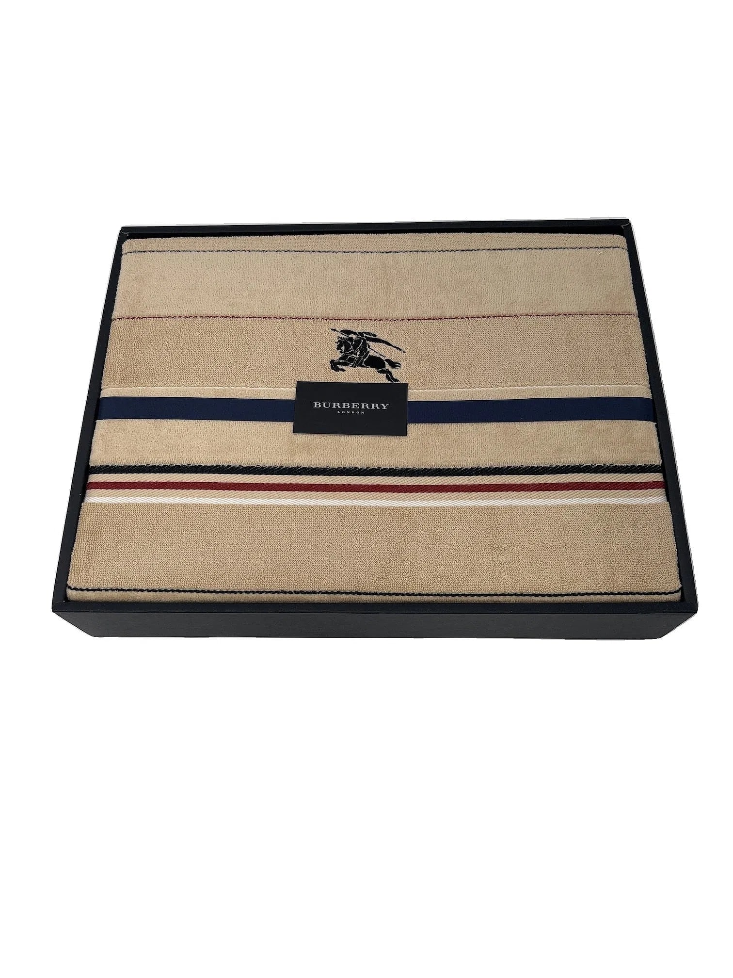 Burberry Towel Set in Classic Beige w/ Elegant Navy & Red Striping & Burberry Branding NWT + Box (1 of 2)
