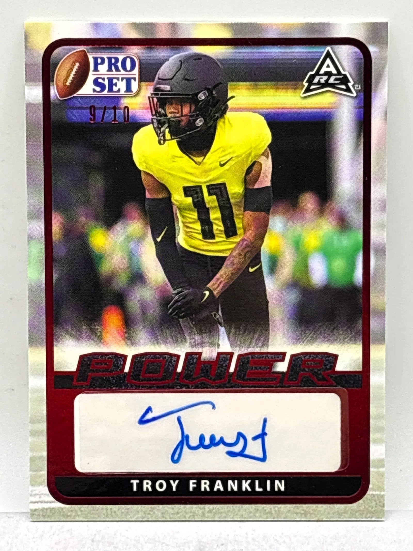 EXTREMELY LIMITED 9/10 Troy Franklin Signed Rookie Leaf Trading Card from the Pro Set Power Line: Extremely limited 9/10 autographed rookie card of Troy Franklin from the Leaf Trading Cards Pro Set Power line. Strong scarcity-driven modern collectible. Highlights On-card autograph (blue ink) Seria