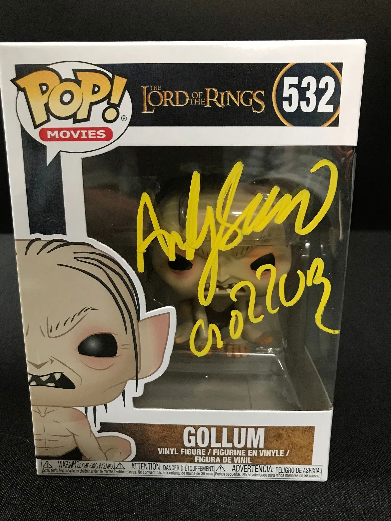 Andy Serkis Signed Funko Pop! "The Lord of the Rings: Gollum" #532 WWOC COA: Signed Funko Pop! Movies - The Lord of the Rings: Gollum (#532), autographed by Andy Serkis on the front window. A standout LOTR character piece, very displayable with the bold signature placement. Ac