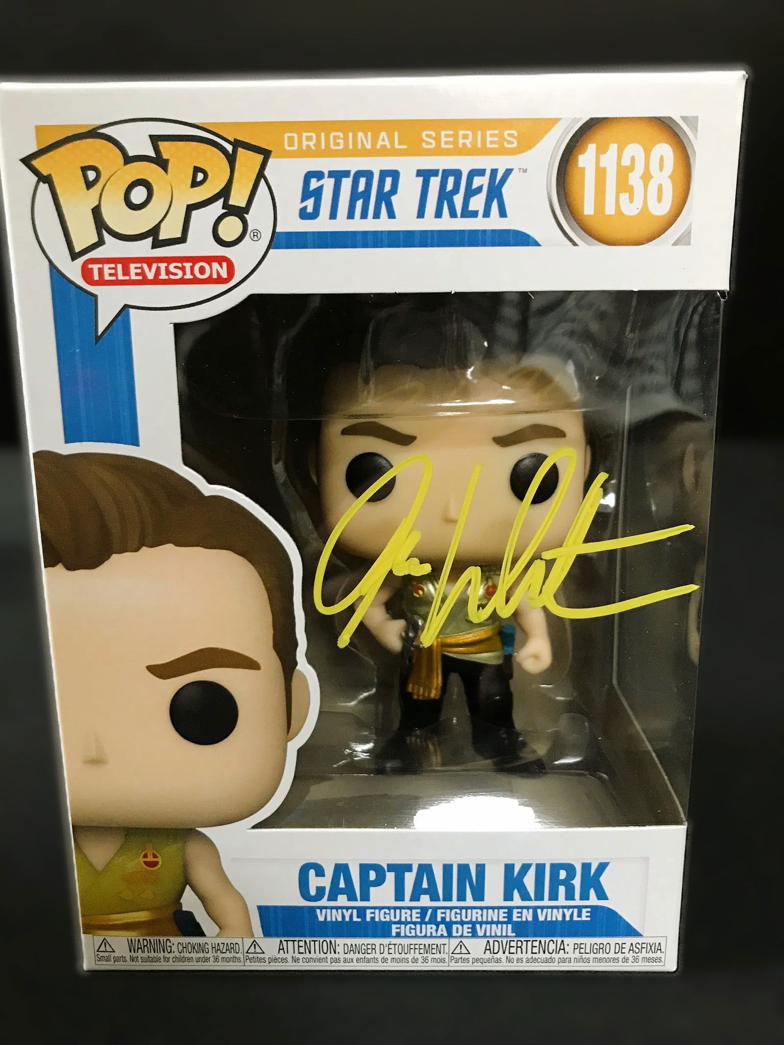 William Shatner Signed Captain Kirk Funko Pop! #1138 (Mirror Outfit) WWOC COA: Signed Funko Pop! Captain Kirk (Mirror Mirror Outfit) (#1138) from Star Trek: The Original Series, autographed by William Shatner across the front window in yellow paint pen (see photos). Includes WWO