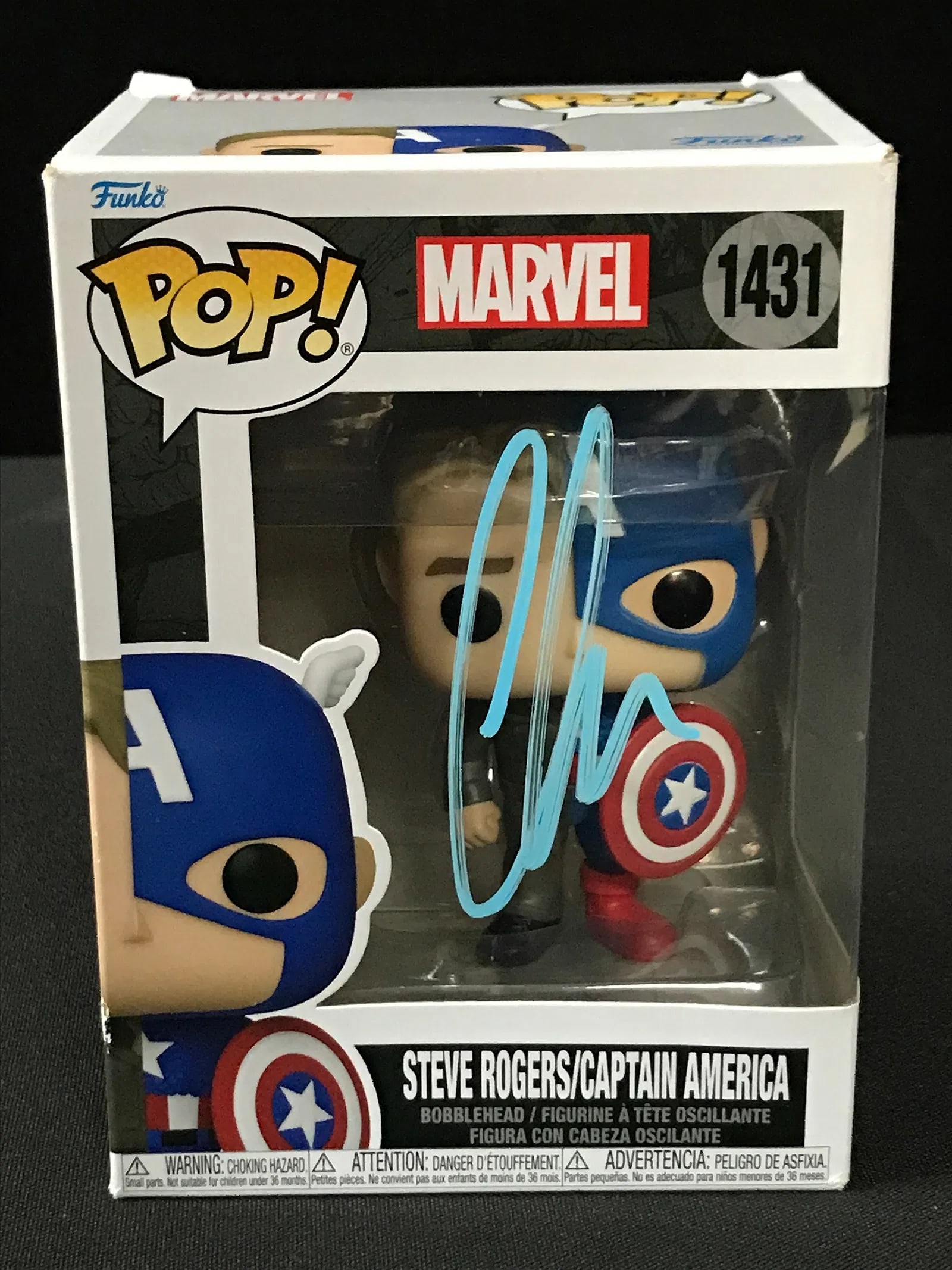 Chris Evans Signed Steve Rogers/Captain America Funko Pop! #1431 KB COA: Signed Funko Pop! Steve Rogers/Captain America (#1431) featuring a split-design concept, autographed by Chris Evans in light blue paint pen across the window (see photos). Includes KB COA. This is a p