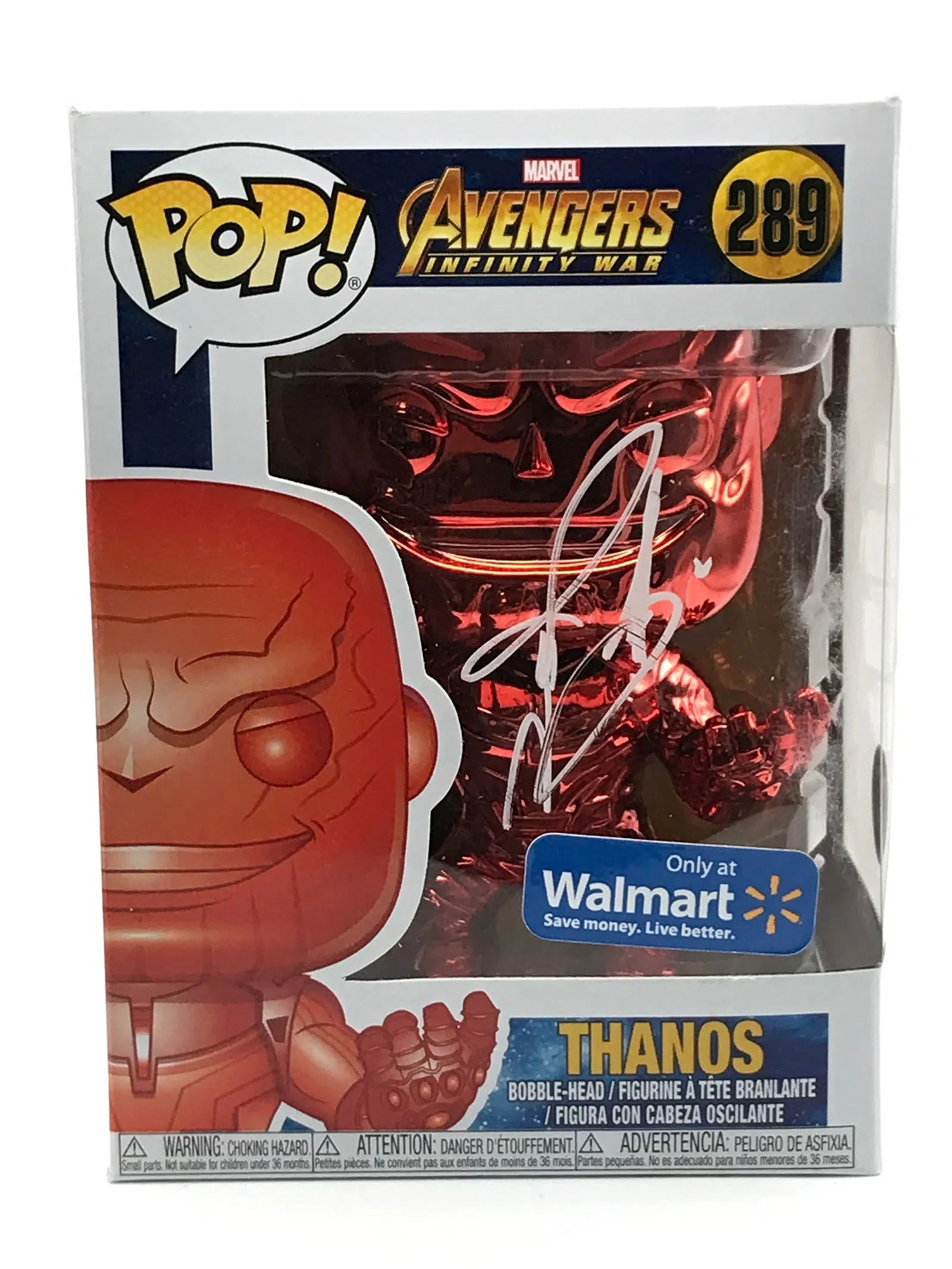 Josh Brolin Signed Thanos Funko Pop! #289 (Red Chrome Walmart) KB COA: Autographed Funko Pop! Thanos (Red Chrome) (#289) from Avengers: Infinity War, featuring Walmart exclusive branding/sticker (see photos). Signed by Josh Brolin in silver paint pen across the front win