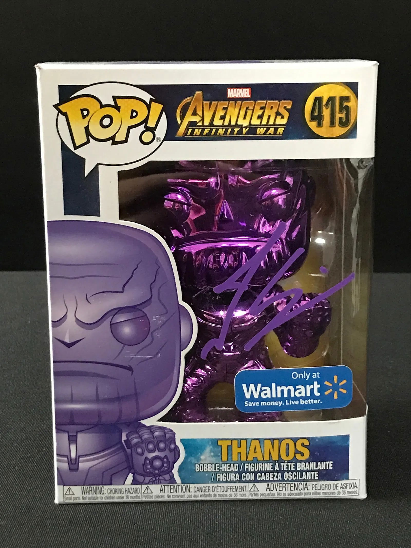 Josh Brolin Signed Thanos Funko Pop! #415 (Purple Chrome Walmart) KB COA: Autographed Funko Pop! Thanos (Purple Chrome) (#415) from Avengers: Infinity War, featuring Walmart exclusive branding/sticker (see photos). Signed by Josh Brolin in purple paint pen across the front