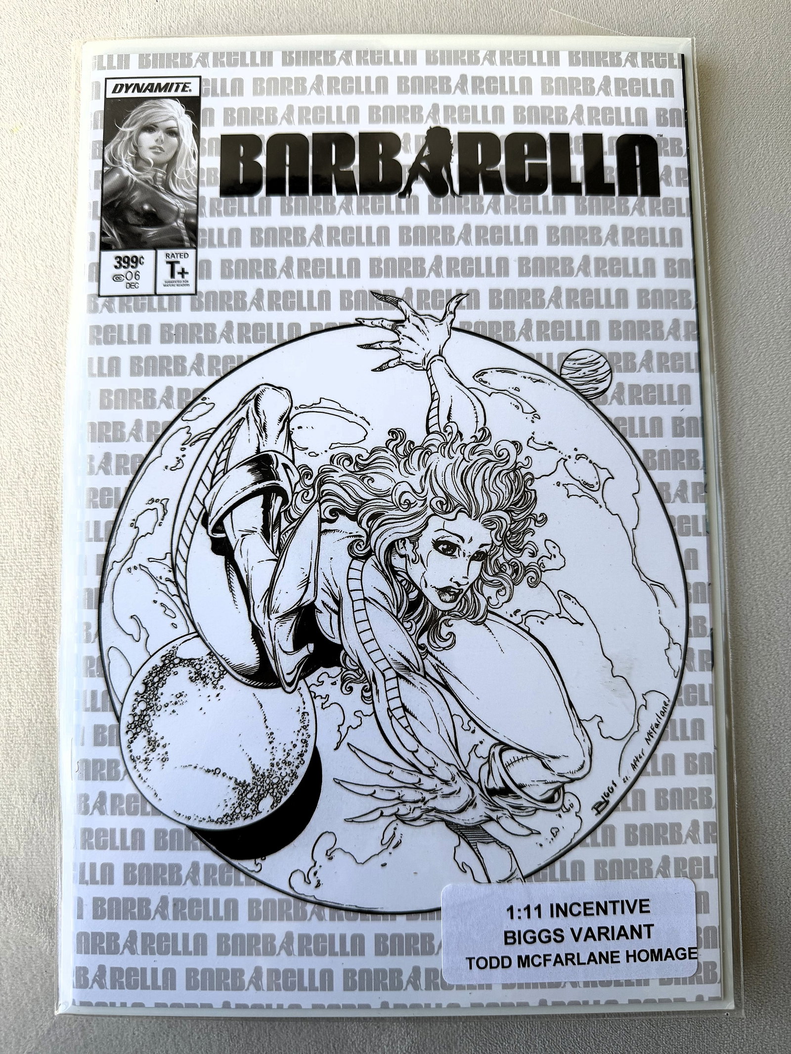 Barbarella #6 (2019) – "The Queen of the Galaxy" – 1:11 Retailer Incentive McFarlane Homage: An elite addition to any modern variant portfolio: the Barbarella #6 (2019) 1:11 Retailer Incentive Variant. This rare monochromatic edition features the striking Stephen Biggs "McFarlane Homage" cove