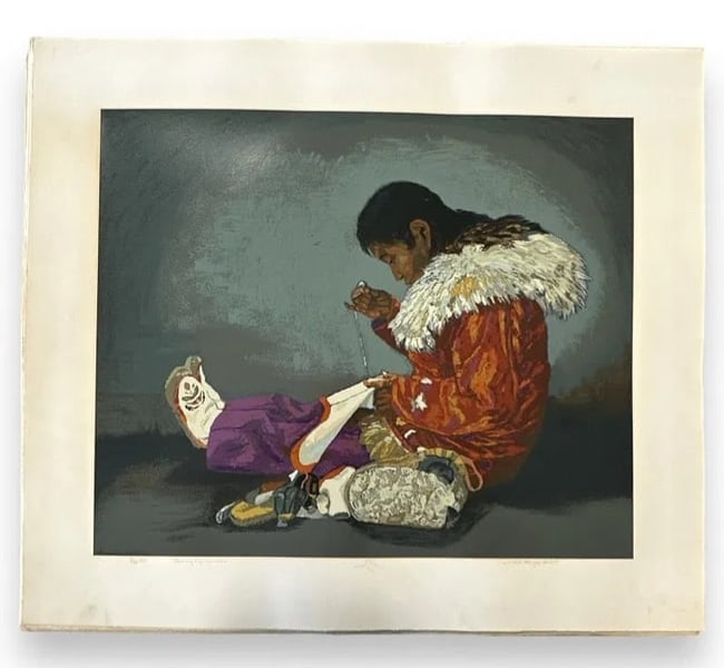 Lunda Hoyle Gill "Sewing My Mukluks" LE Artist's Proof (AP) Serigraph 26.25" x 30.5": A limited-edition A.P. serigraph titled "Sewing My Mukluks" by Lunda Hoyle Gill (1928–2003). Pencil signed and numbered, with Styria Studio embossed blind stamp, and offered unframed. A strong decor