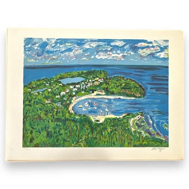 Louis Nizer "Puerto Rico" Color Lithograph, LE /300 21.8" x 29.5": A color lithograph titled "Puerto Rico" by Louis Nizer (1902-1994), pencil signed and numbered from the limited edition of 300, offered unframed. Bright, travel-poster-like appeal and an easy format f