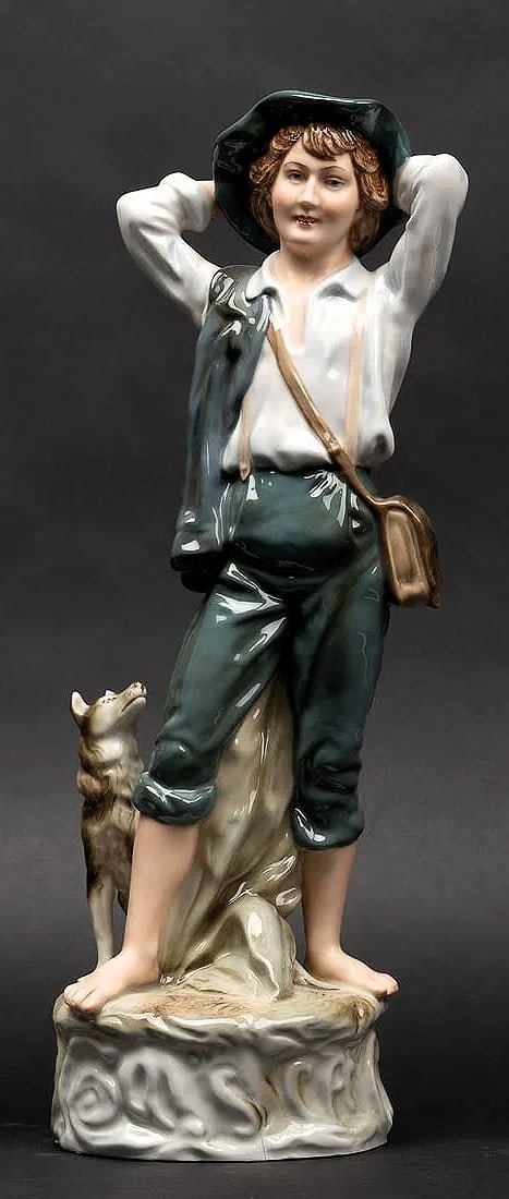 Royal Dux Bohemia "Boy Shepherd with Hound" Early Pink Triangle Masterpiece 15 1/8" Height (1 of 9)