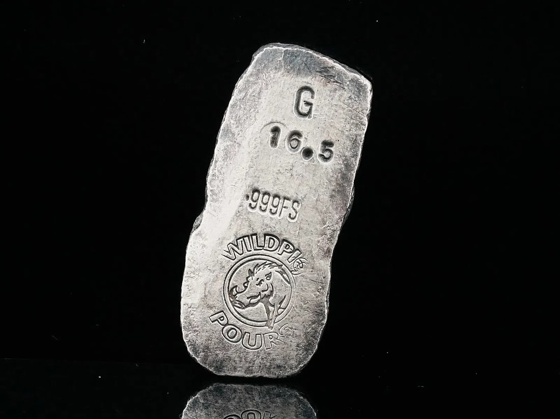 Prince Medici Estate Wild Pig Pours 16.5 Gram Hand-Poured .999 Fine Silver Loaf (RARE): Wild Pig Pours 16.5 Gram Hand-Poured .999 Fine Silver Loaf – This rare artisan loaf is hand poured and marked 16.5 grams .999 fine silver. The obverse depicts the iconic Wild Pig design, while the r