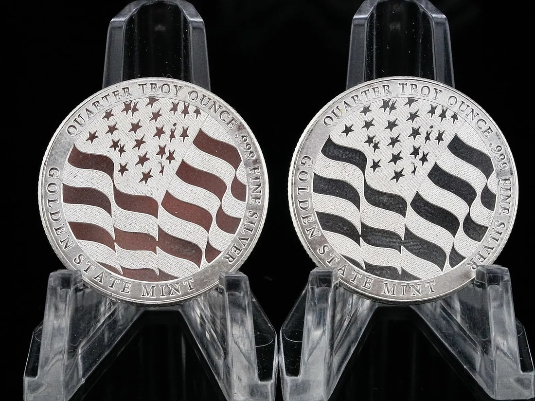 Prince Medici Estate Lot of (2) 1/4 Troy Ounce .999 Fine Silver Golden State Mint Bullion Rounds: Lot of (2) 1/4 Troy Ounce .999 Fine Silver Golden State Mint Bullion Rounds – This lot includes two 1/4 troy ounce rounds struck in .999 fine silver by Golden State Mint, totaling 1/2 troy ounce of
