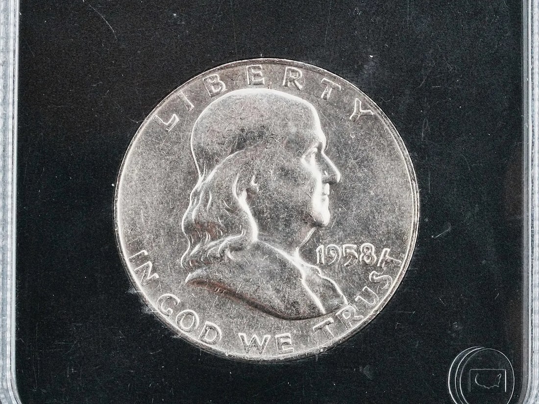 Prince Medici Estate 1958-P 90% Silver UNC Franklin Half Dollar in Slab (Better Date): 1958-P 90% Silver UNC Franklin Half Dollar in Slab – This genuine 1958-P Franklin Half Dollar is struck in 90% silver and presented in uncirculated condition. With a mintage of 4,042,000, this is co
