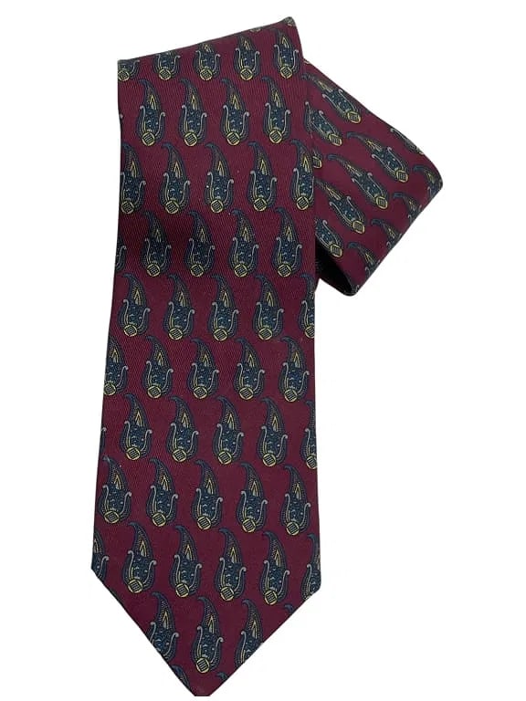 CHANEL Paris Silk Necktie w/ Abstract Pattern Like New + Box: Authentic CHANEL Paris men's silk necktie featuring a rich burgundy ground decorated with a repeating abstract motif in navy, gold, and olive tones. A classic, elegant choice for boardroom tailoring,