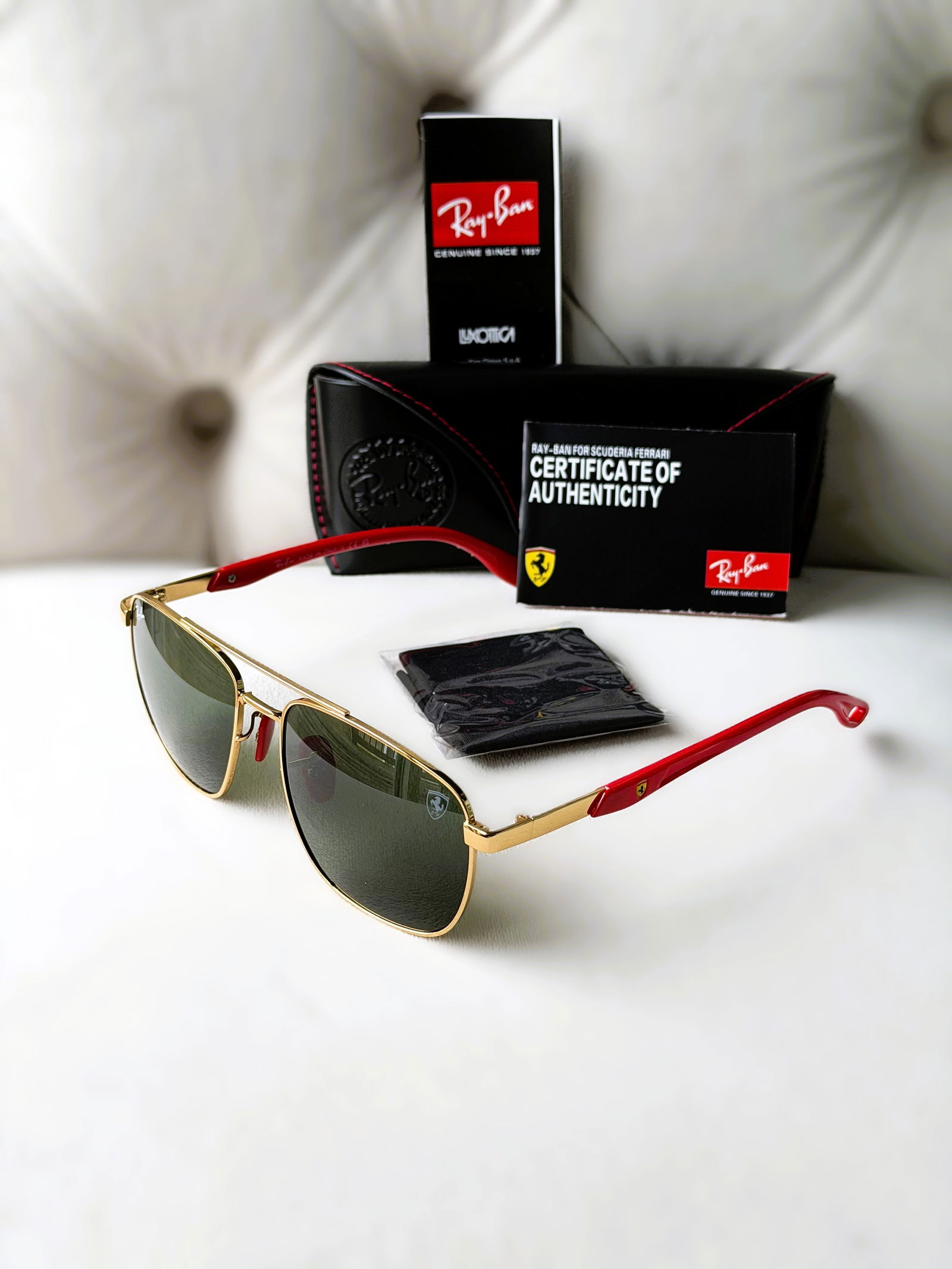 Ray-Ban x Ferrari RB3673M Gold & Red Scuderia 57mm Sunglasses Italy NWT & COA: Motorsport heritage rendered in precision Italian metalwork. Offered here is the Ray-Ban RB3673M, a performance-driven silhouette from the Ray-Ban x Scuderia Ferrari collaboration. This example featur
