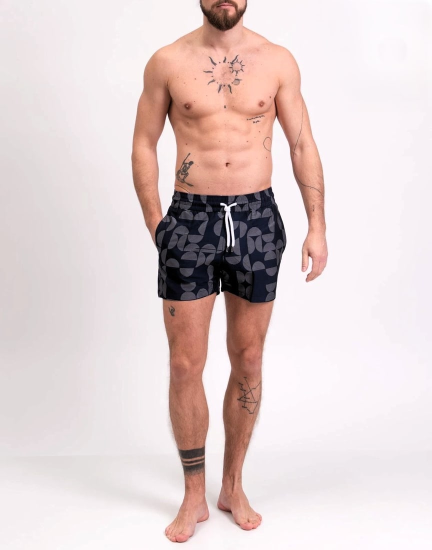 Frescobol Carioca Jacquard Swim Shorts Blue Geo Size M NWT w/ Bag: Frescobol Carioca jacquard swim shorts in navy blue with woven geometric motif, offered new with original tags and branded garment pouch. This tailored swim silhouette features an elasticized