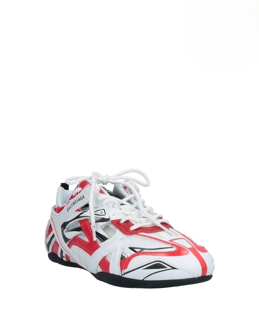 Balenciaga Drive Sneakers US8 White Red Low Top NWT: Balenciaga drive sneakers in white with red and black contrast panels, featuring a dynamic logo-accented design and lace-up closure. This low-top trainer silhouette merges technical athletic influence