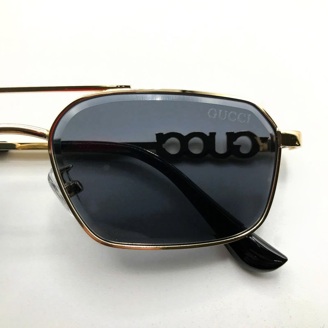 Gucci Gold Rectangular Sunglasses w/ Logo Temples & Full Presentation - 2