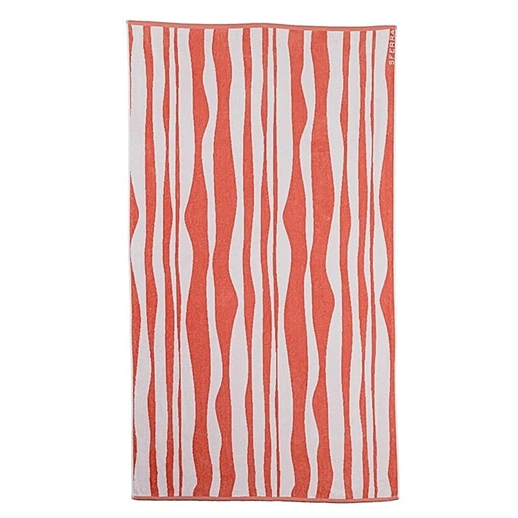 SFERRA "Ridges" Salmon Beach Towel 40" x 70" Cotton Made in Portugal NWT: SFERRA "Ridges" beach and pool towel in Salmon and White, measuring 40 x 70 inches, brand new with original tag. Designed in Italy and crafted in Portugal, this generously scaled towel features