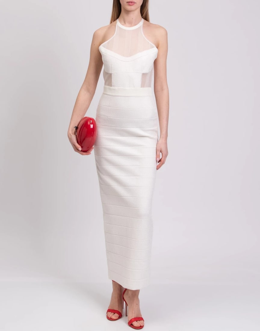 Herve Leger Column Wedding Dress US L Sheer Inserts Slit Ivory NWT: Herve Leger Knitted Column Wedding Dress in Ivory (Alabaster) featuring signature body-contouring construction, sheer inserts, and elegant back slit. This structured luxury bridal gown exemplifies the