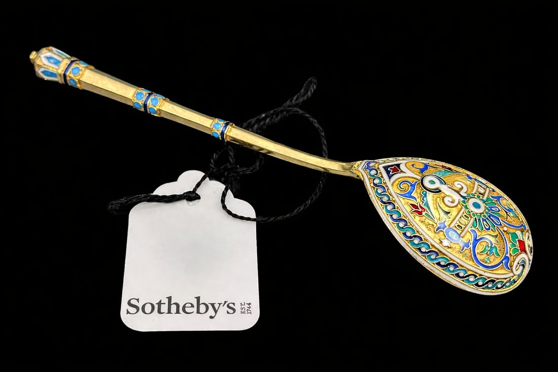 RARE Antique Russian Silver-Gilt & Enamel Spoon from Sotheby's, 1886 (1 of 9)