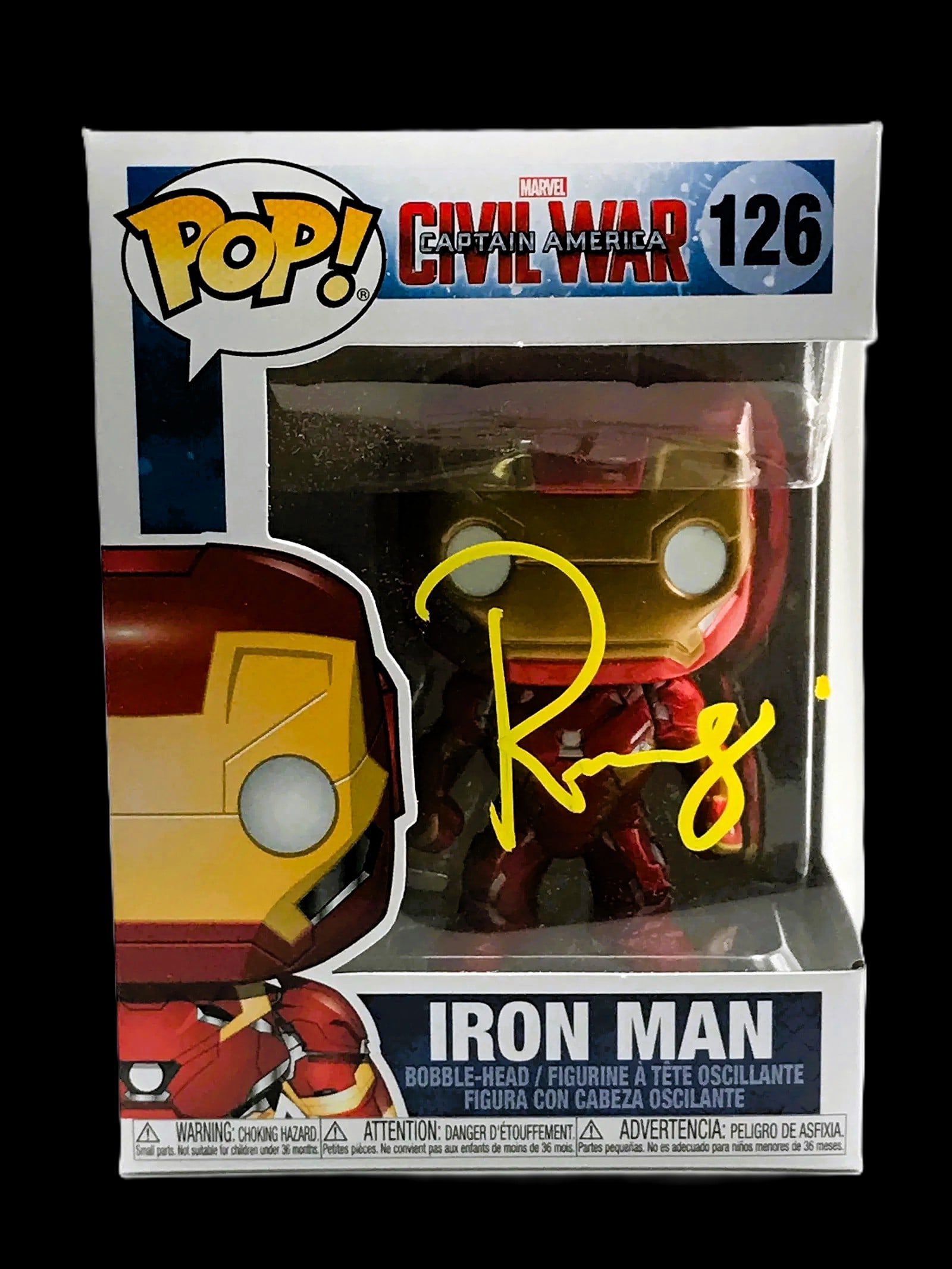 Robert Downey Jr. Signed Iron Man Funko Pop! #126 (Civil War) KB COA: Autographed Funko Pop! Iron Man (#126) from Captain America: Civil War, signed by Robert Downey Jr. in gold paint pen across the front window (see photos). Includes KB COA. RDJ signatures are among th