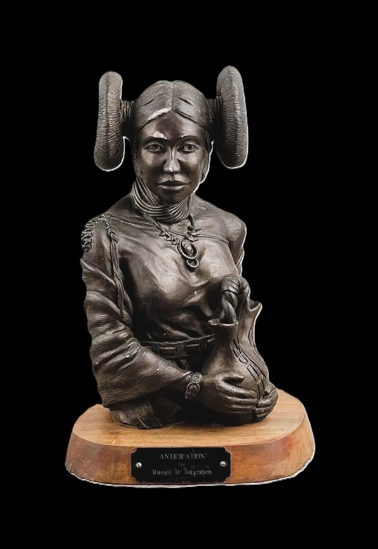 Russell De Jorgensen "Anticipation" Sculpture, 11 7/8" x 8" x 7": Sculpture titled Anticipation by Russell De Jorgensen, a stylized decorative work with painted surface treatment. The composition presents a poised, expectant mood, an expressive piece that blends scu