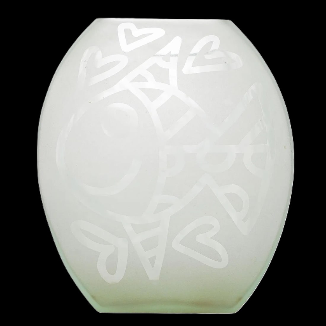 Romero Britto Frosted "Fish" Glass Vase, 7.5" x 6" x 6": A Romero Britto frosted glass "fish" vase in a rounded-cube form, executed in etched clear frosted glass with playful graphic imagery and multiple placements of the artist's signature. The matte, ligh