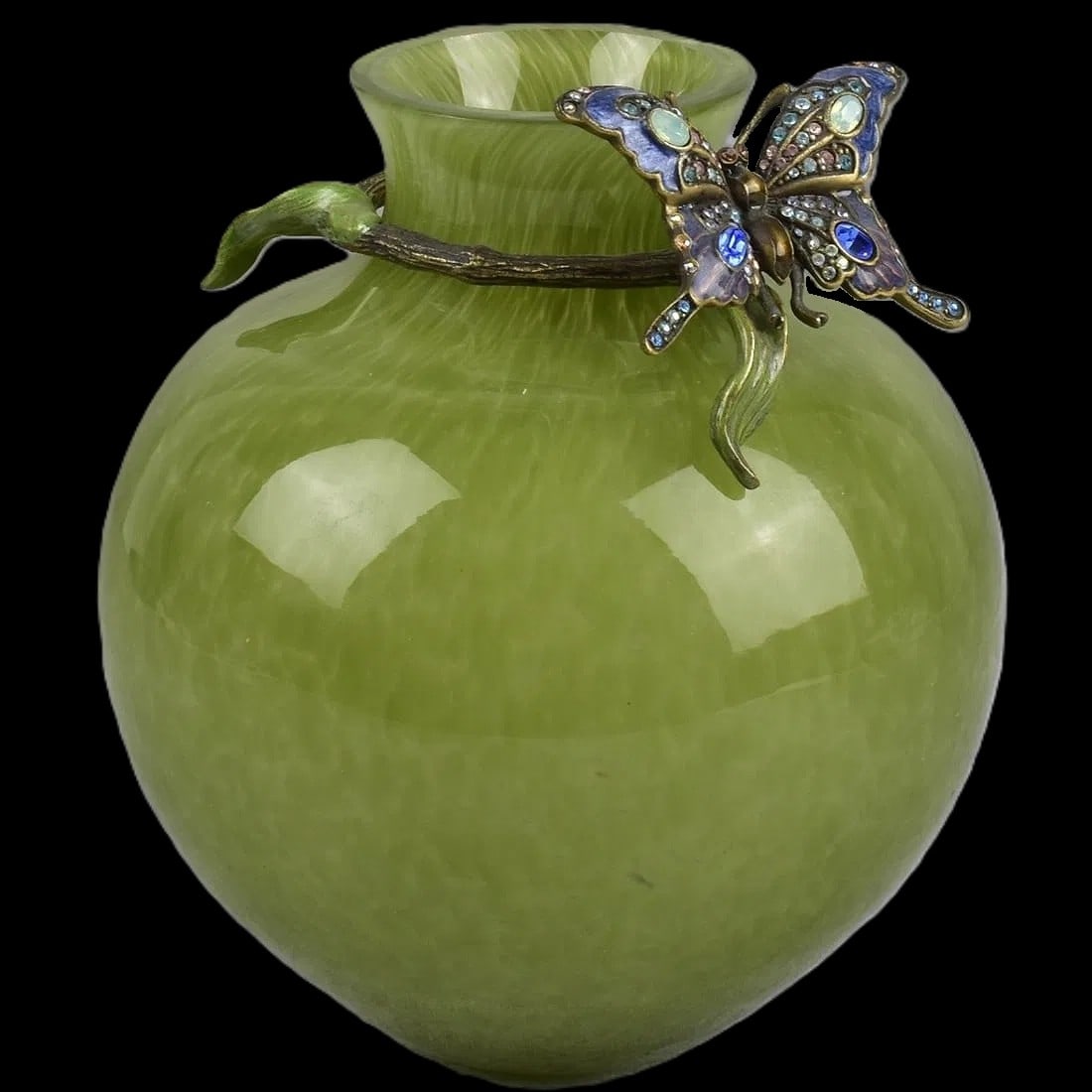Jay Strongwater Green Art-Glass Vase w/ Butterfly Mount Set & Swarovski Crystals, 5.5" H 4.75" Diam. (1 of 6)
