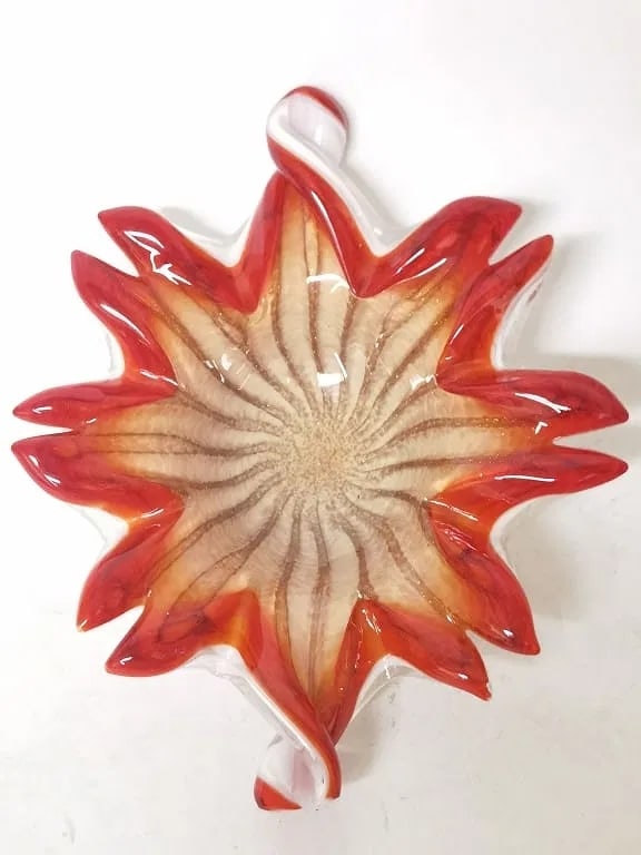 Murano Italy Vintage Red/White Encased Floral Bowl, 9.75" Diameter: A bold, decorative vintage Murano floral bowl featuring a clear-to-white encased interior that blooms outward into a ruffled, petal-like rim in saturated red. The form is classic for Murano production