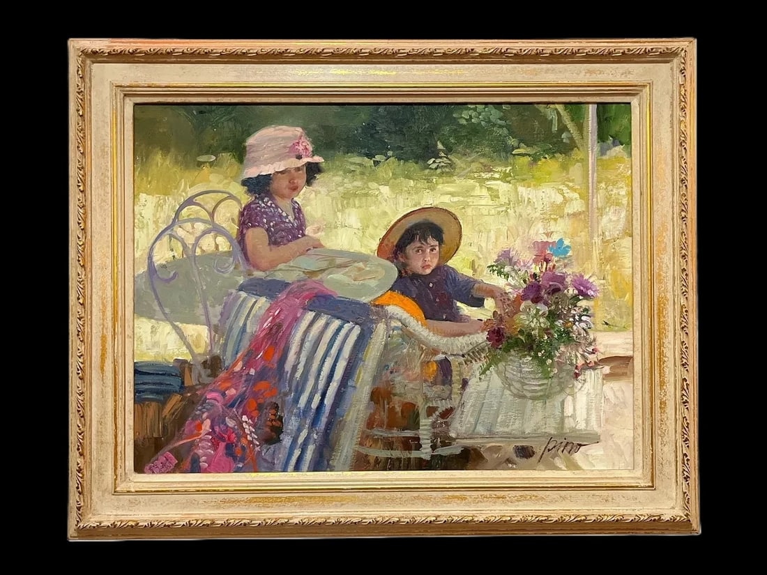Pino Giuseppe Dangelico Daeni Children in Grdn Orig, Oil Framed COA 31"x 39": Pino Giuseppe Dangelico Daeni - "Children at the Garden" - Original Oil on Canvas - 31x39 - Museum-/Gallery-quality Custom Framed Offered is an original oil on canvas by Italian-American artist Pino (