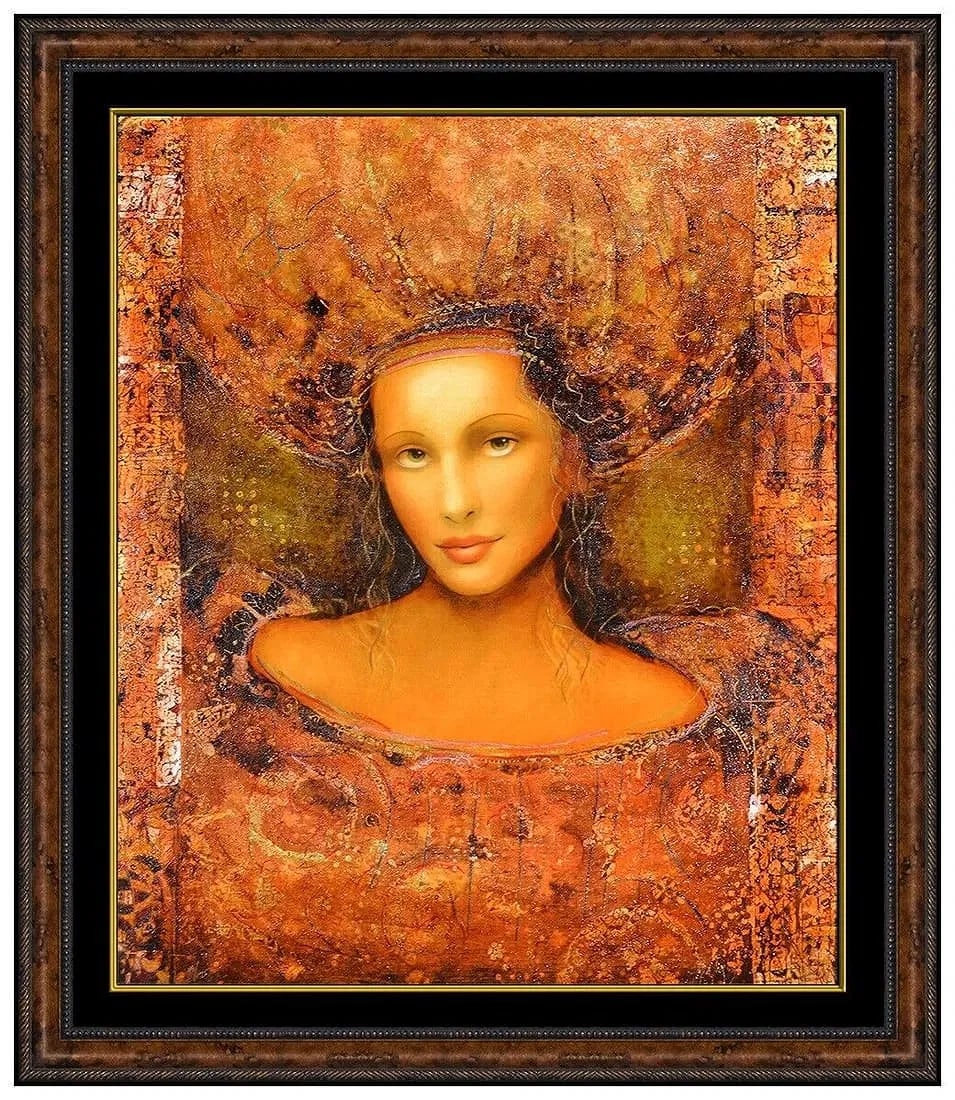 Csaba Markus "Ladonna" Hand-Embellished Serigraph LE 46/175 Signed COA Framed 50" x 44": "Ladonna" is a romantic, atelier-style female portrait by Csaba Markus -- lush, luminous, and classic in mood -- presented here as a limited edition serigraph with hand-embellishment. This example is