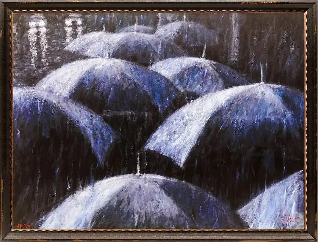 Fabian Perez "El Aguacero" Limited Edition (LE) Artist's Proof (AP) 9/10 COA 58"x74": A dramatic, large-format statement piece, "El Aguacero" ("The Downpour") is a hand-embellished giclée on canvas by Fabian Perez issued as an exceptionally scarce Artist's Proof: A.P. 9/10. The compos