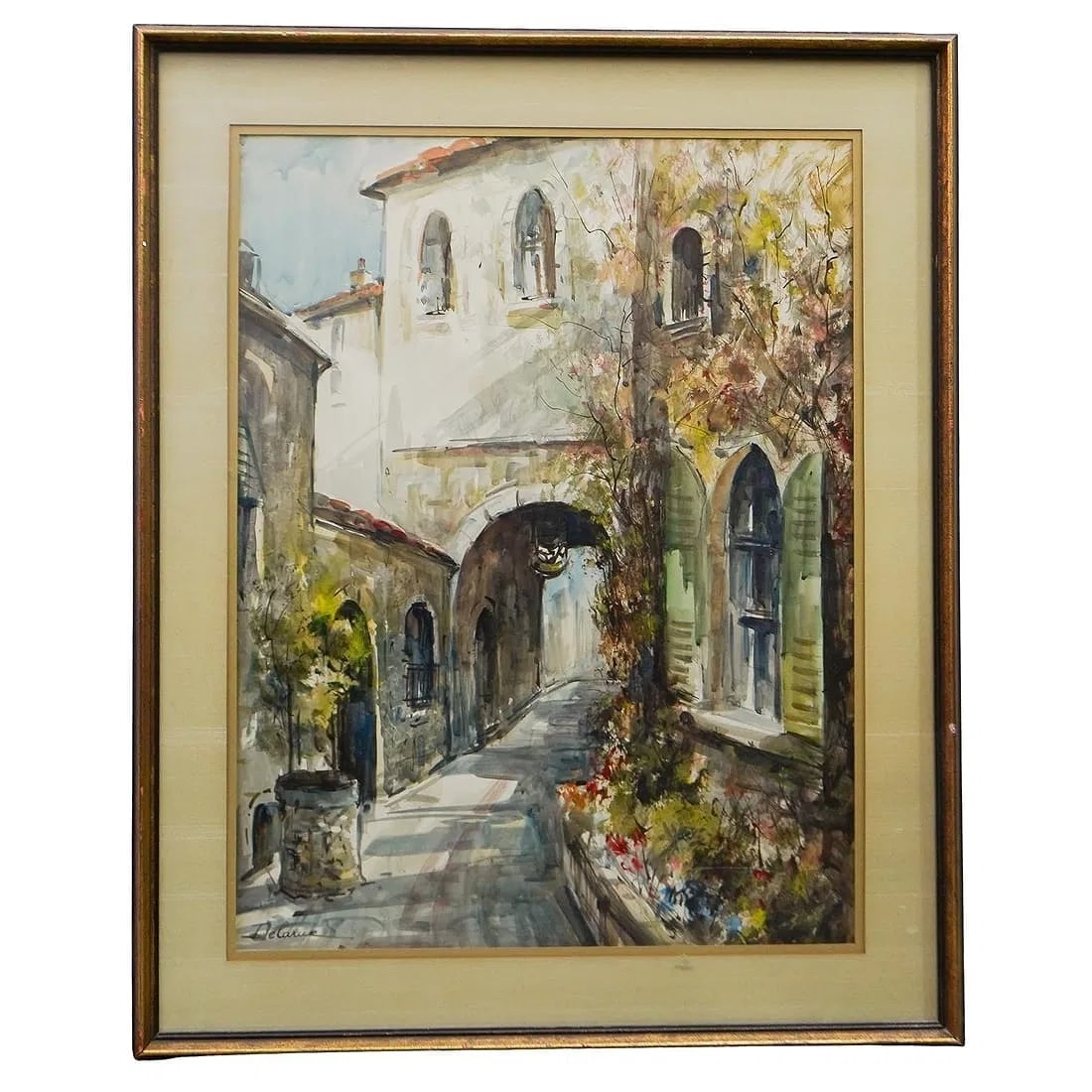 Lucien Delarue "La Chèvre d'Or, Èze" Original Watercolor 31.5"x25": This signed and framed watercolor/gouache by Lucien Delarue depicts La Chèvre d'Or in Èze Village, a famed hilltop destination on the French Riviera. The scene is built around Mediterranean stone ar