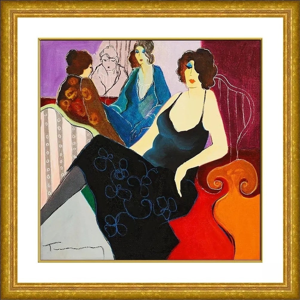 Itzchak Tarkay "Audible Secrets" Original Mixed Media Painting on Canvas (framed) 20"x20": Itzchak Tarkay - "Audible Secrets" - Mixed Media Painting on Canvas - Signed - Gallery COA - 11" x 11" (art) - 20" x 20" (framed) Offered is "Audible Secrets," a mixed media painting on canvas by Itzc