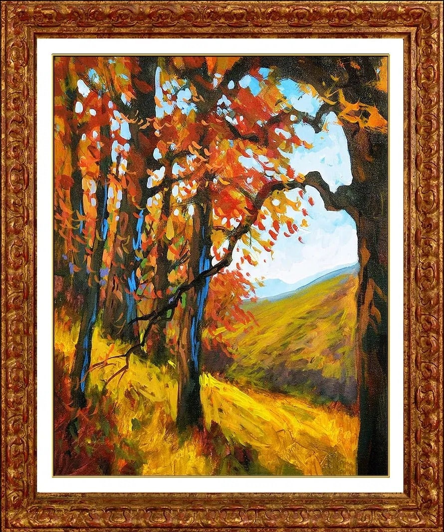 Michael Schofield (b. 1947-) "Beauty of Autumn" Framed Original Oil on Canvas w/ COA 29" x 25": A spectacular and bold masterwork by the widely recognized post-impressionist artist Michael Schofield: "Beauty of Autumn." This original oil painting is a luminous and exquisite depiction of the quie